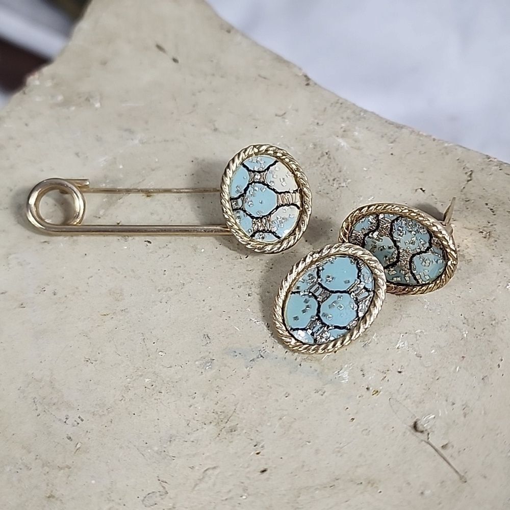 Vintage Confetti Clip~on Earrings and Safety Pin Style Brooch